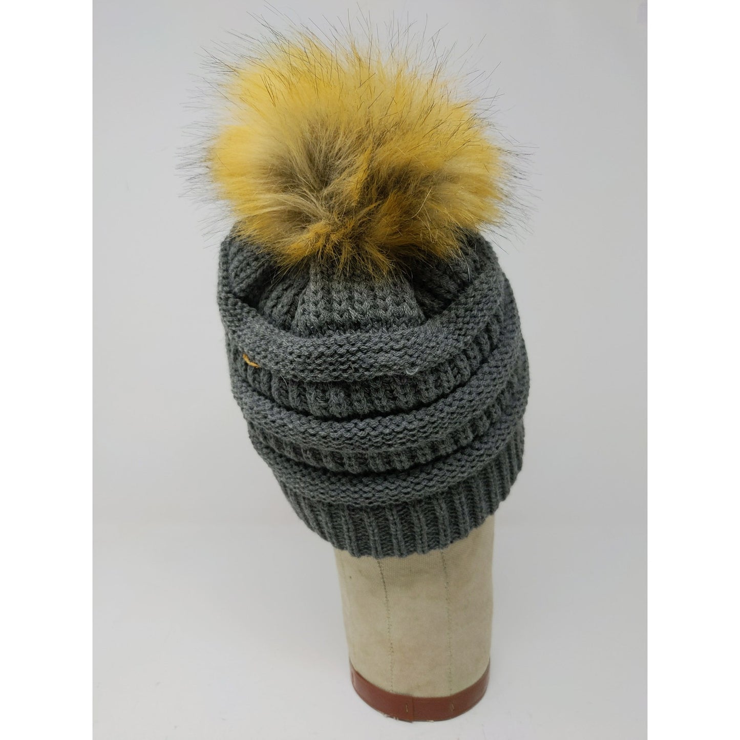 C.C. Exclusives Knit Beanie Hat Fur Pom Pom Gray 100% Acrylic
