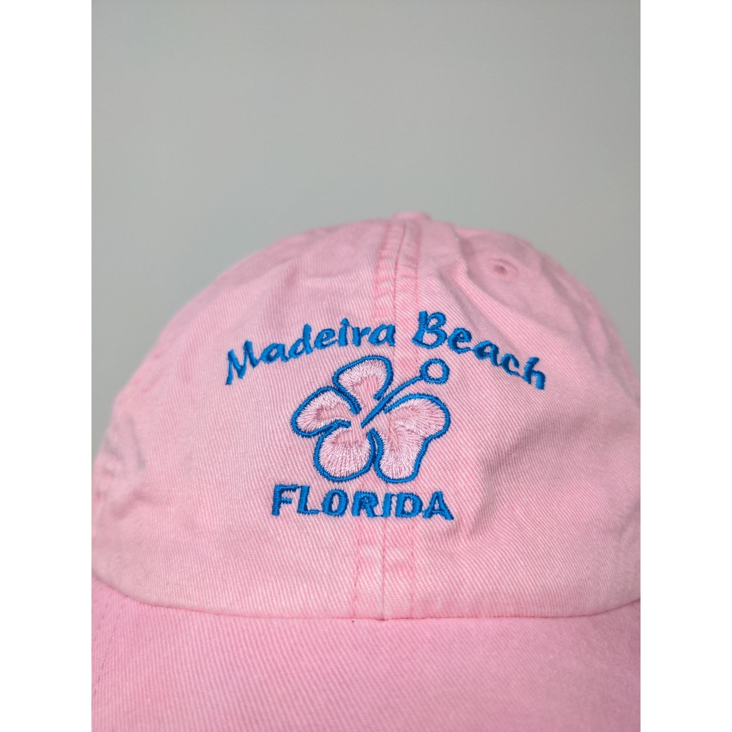 Maderia Beach, FL Strapback Hat Pink Flower Embroidered Spell Out