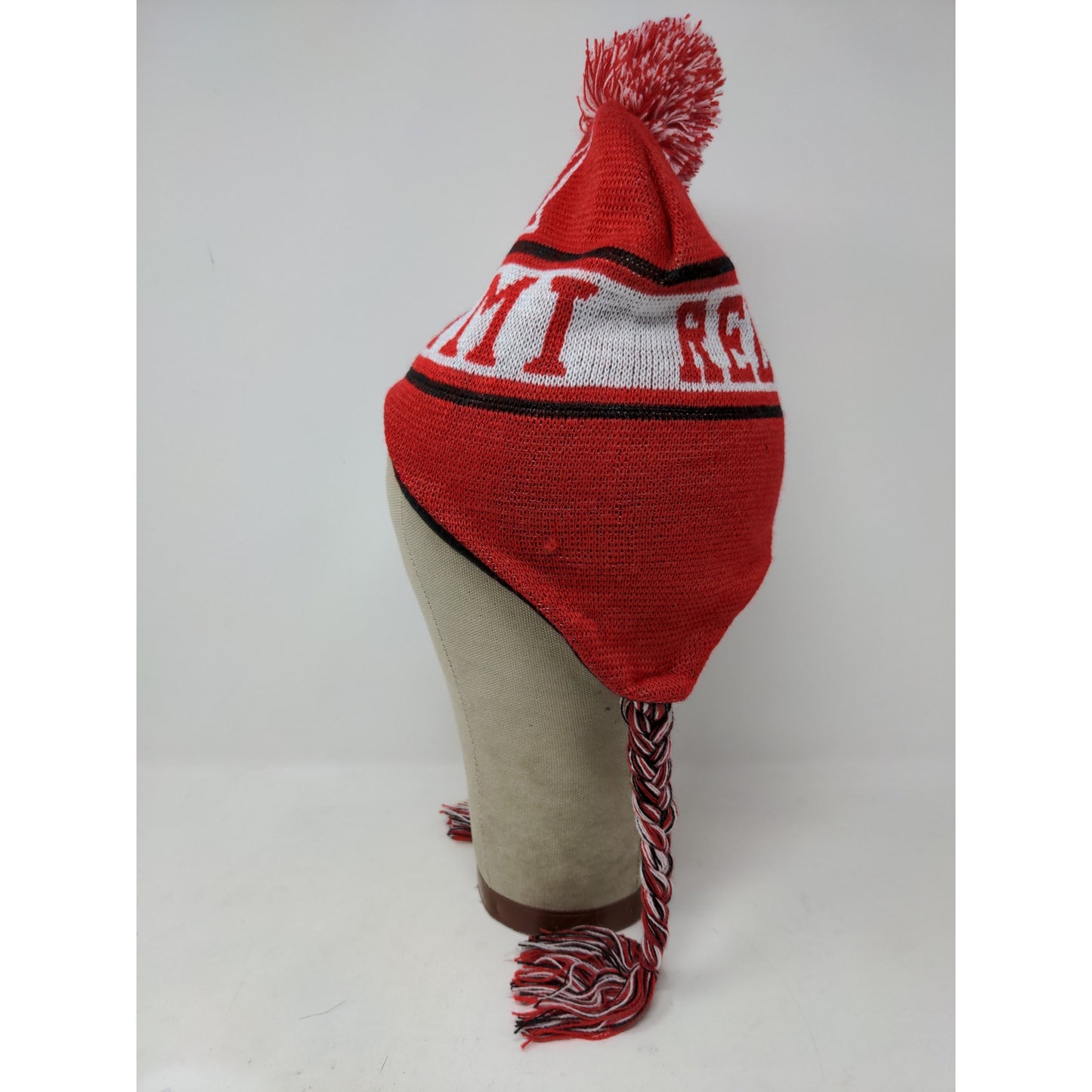 Miami Florida Beanie Hat 100% Acrylic Red & White W/Pom Pom and Strings