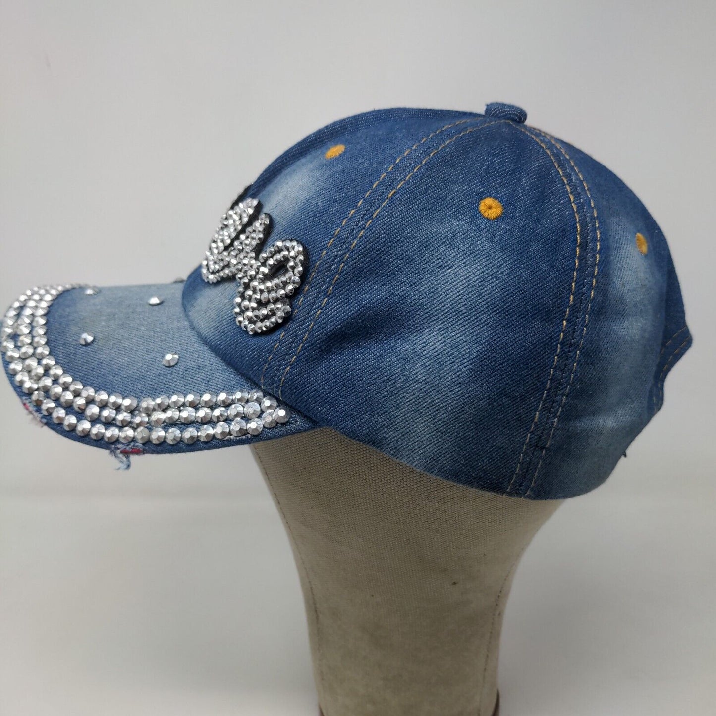 Love Women's Slideback Denim Hat Shiny Big Rhinestones Logo Bling Distressed