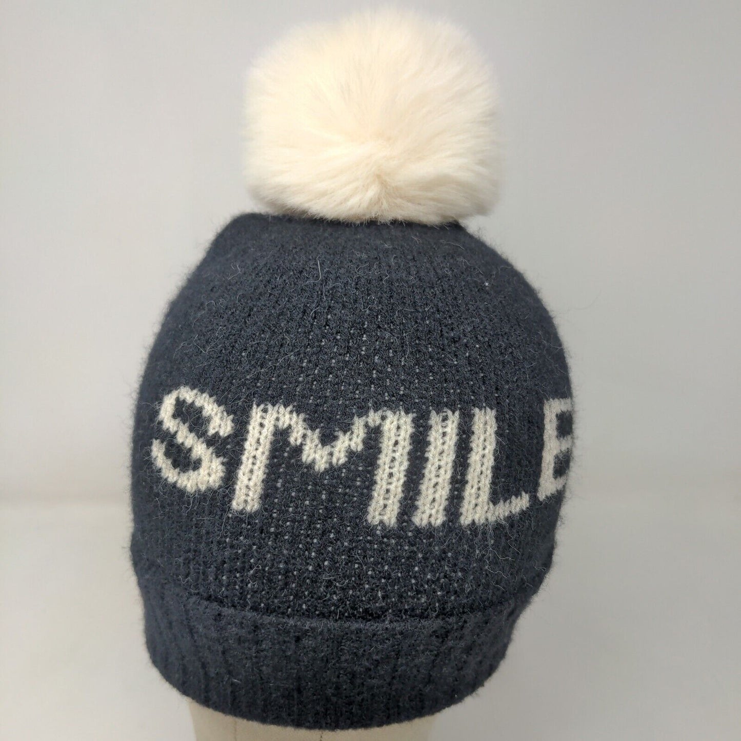 Unbranded Men's Knit Beanie Hat Black Acrylic Pomp Pom Smile Spell Out