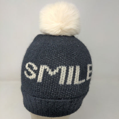 Unbranded Men's Knit Beanie Hat Black Acrylic Pomp Pom Smile Spell Out