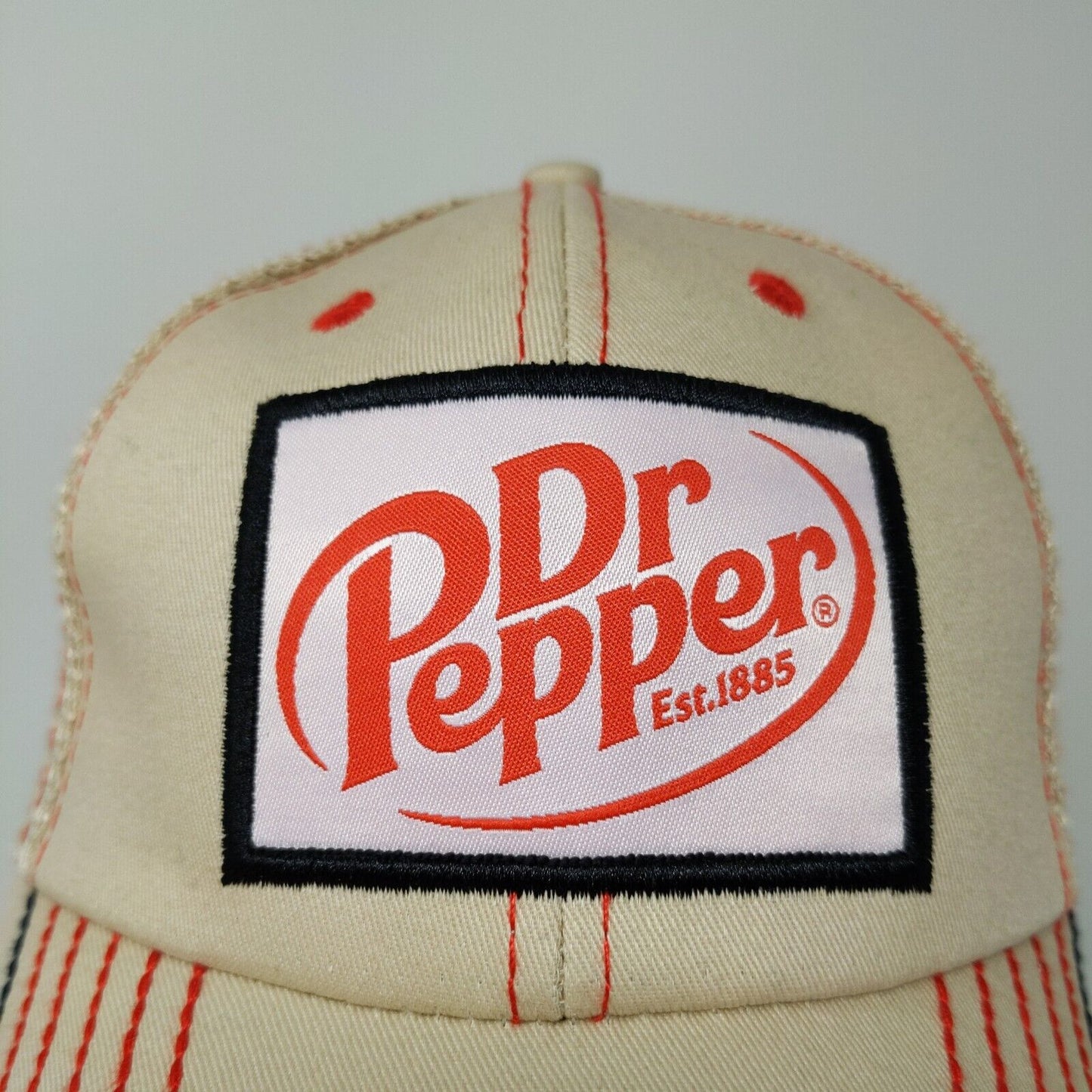 Dr. Pepper Double Snapback Mesh Back Trucker Hat Tan Orange Embroidered Logo