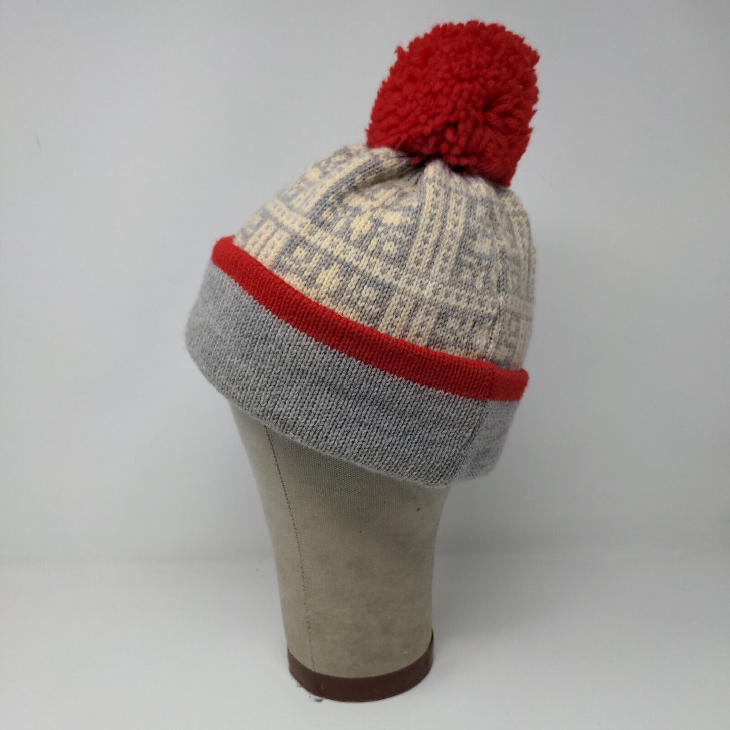 KiPi of Maine Beanie Hat Pom Pom Gray Red Warm Soft Made in USA