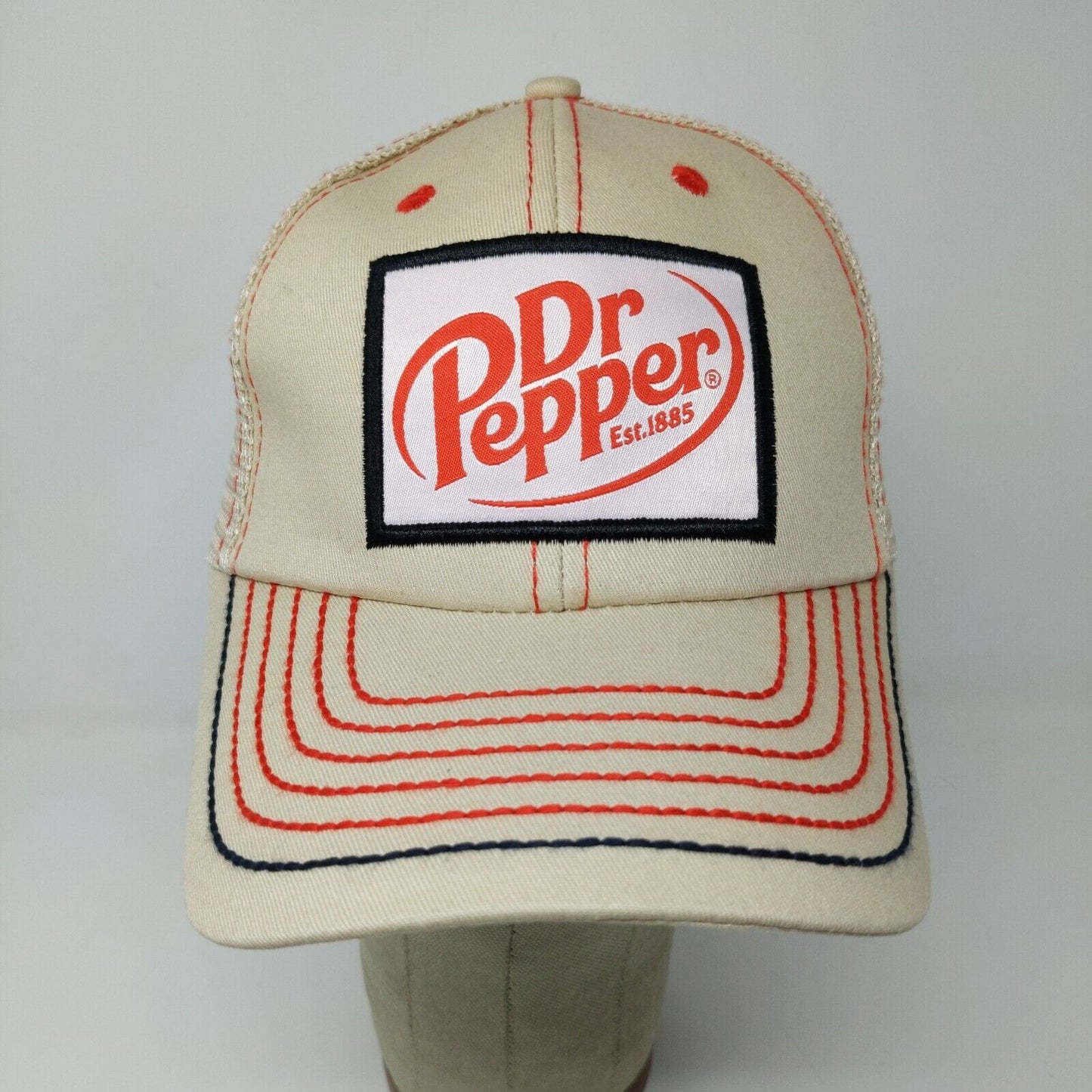 Dr. Pepper Double Snapback Mesh Back Trucker Hat Tan Orange Embroidered Logo