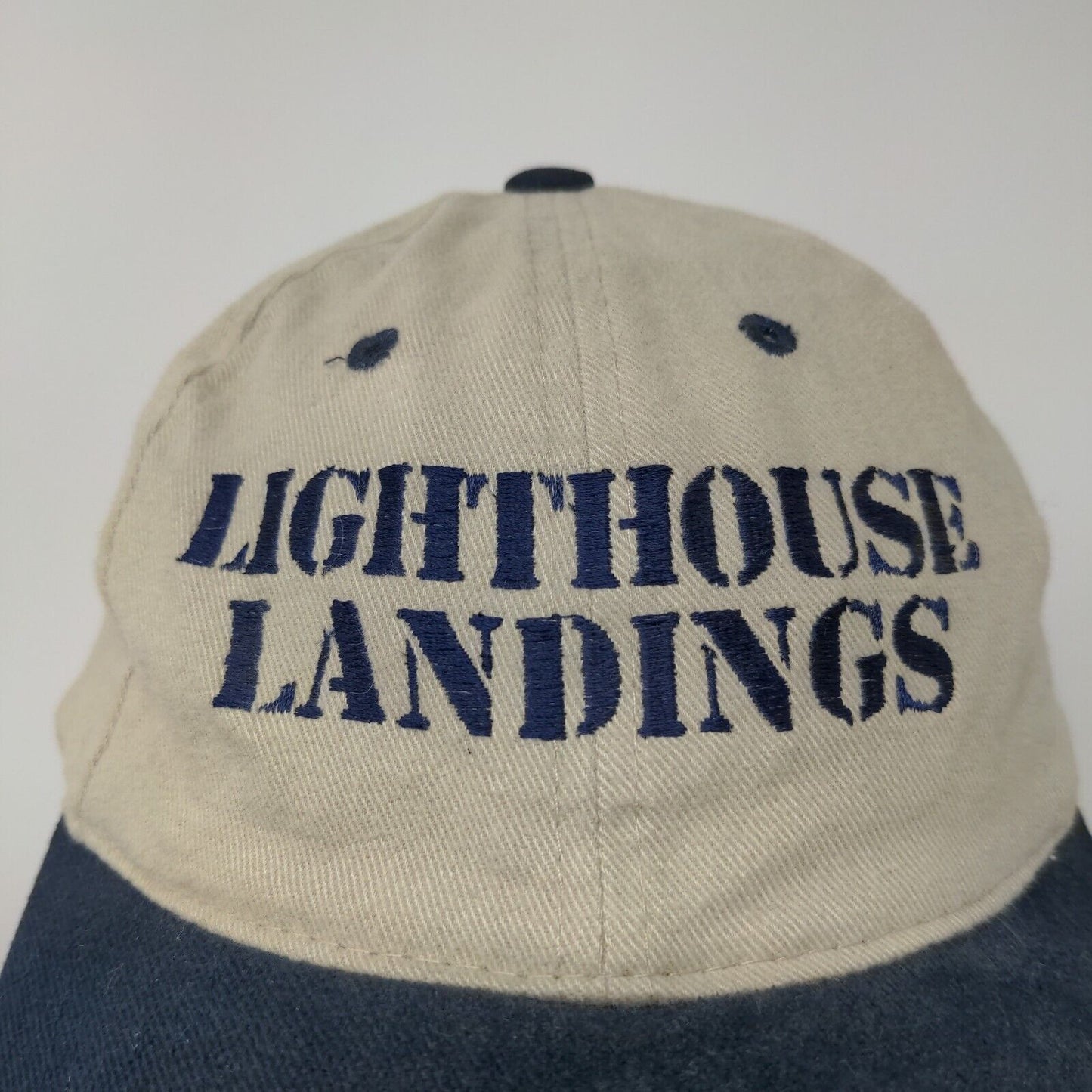 Lighthouse Landings Slideback Hat Beige Blue Adjustable Embroidered Logo