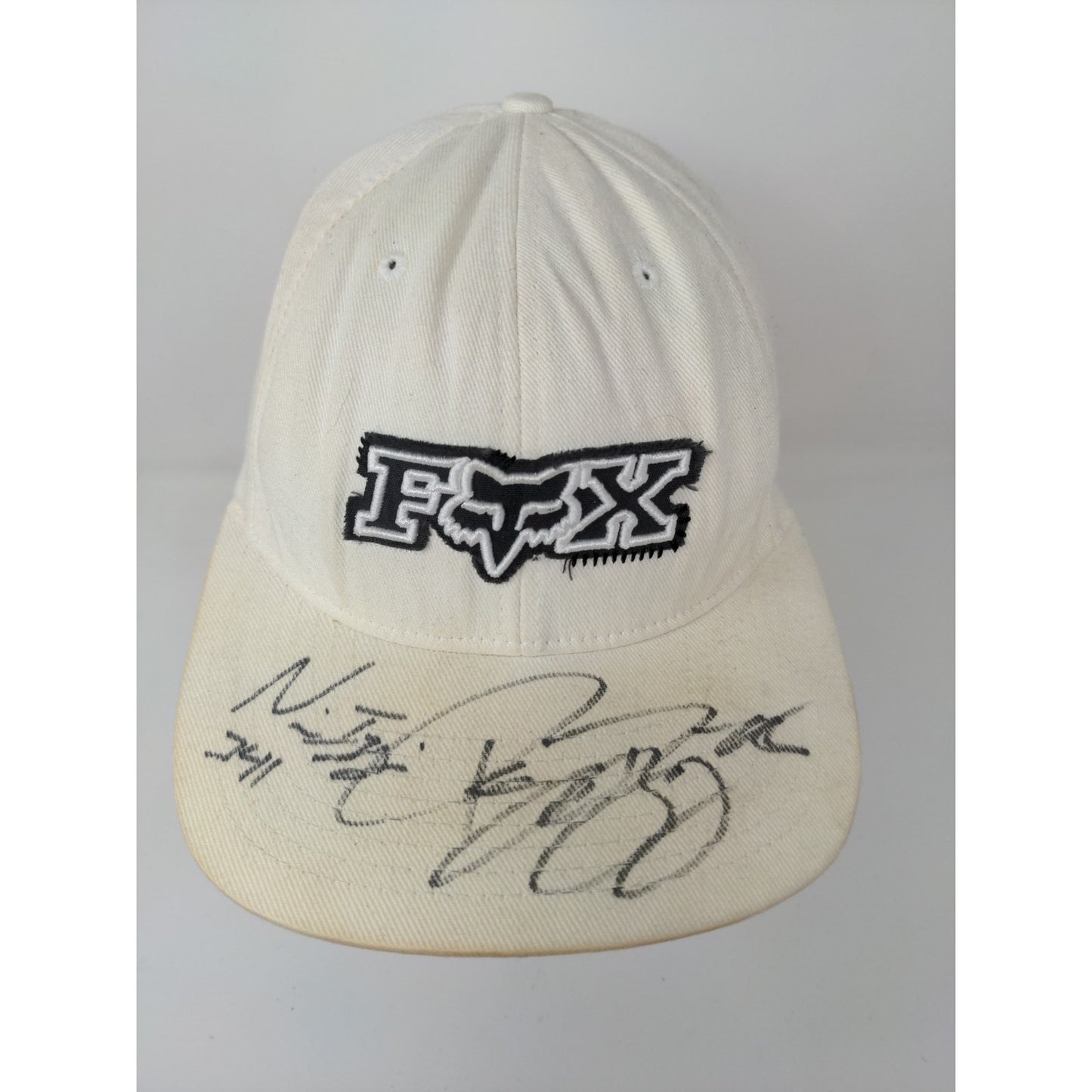 Fox Racing FlexFit Hat Embroidered Logo White SZ S/M Autographed Stains