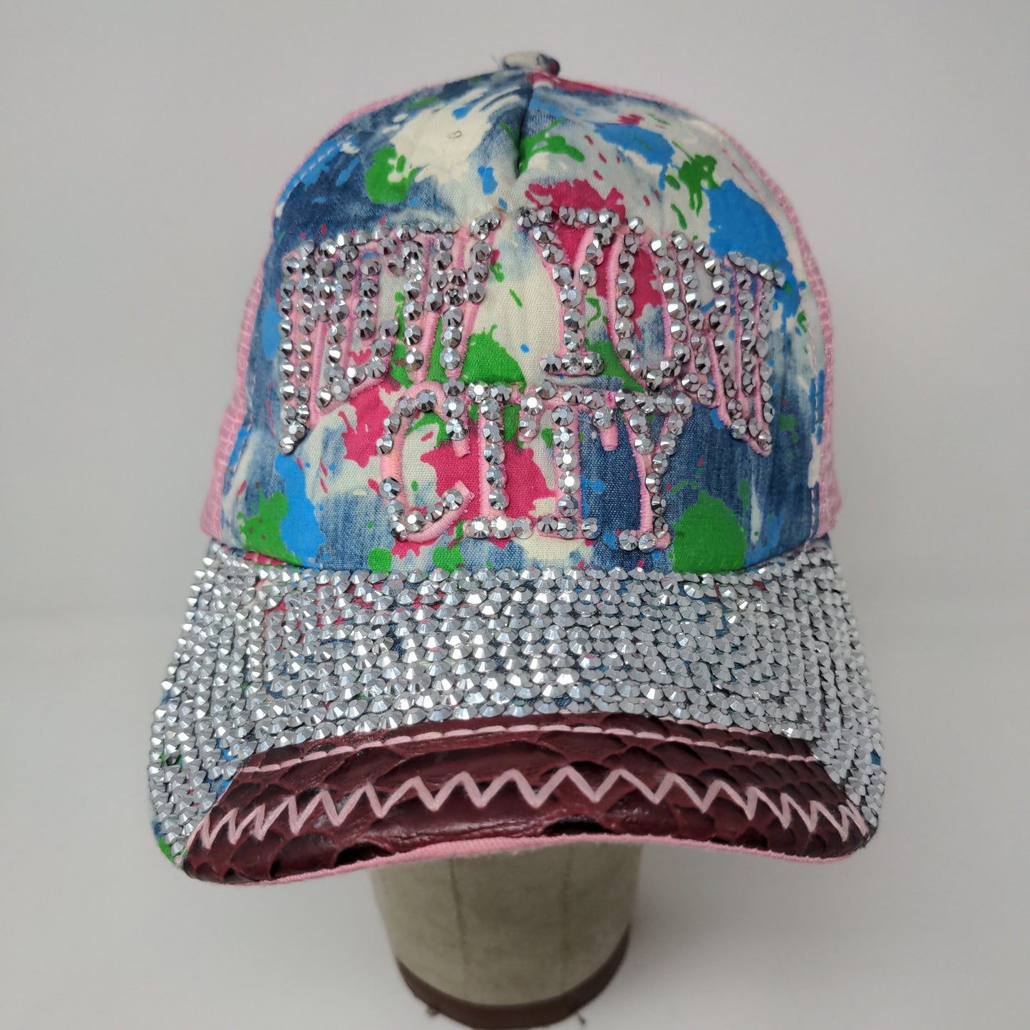 New York City Snapback Hat Pink Bling Shiny Gems Rhinestones Meshback