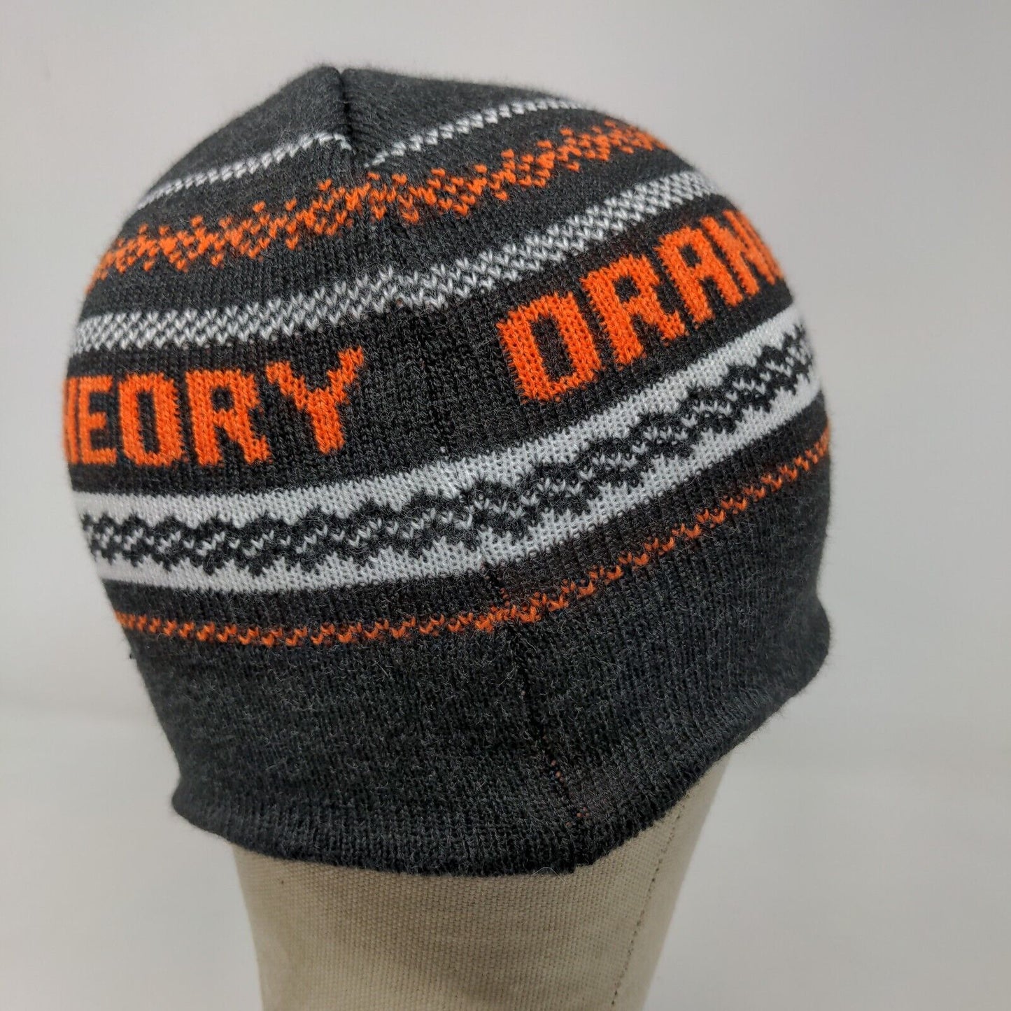Orange Theory Men's Knit Beanie Hat Gray Fair Isle Striped Acrylic