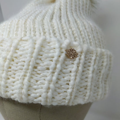 Lauren Conrad Knit Beanie Hat White Cream Faux Fur Pom Pom W/ Pin