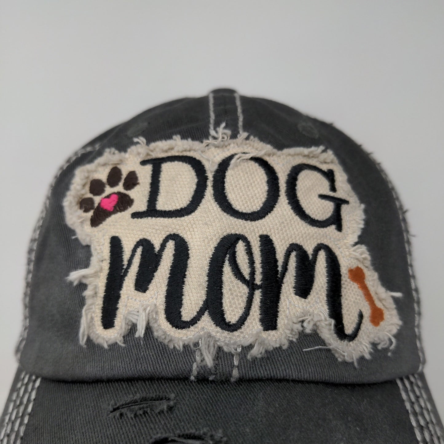 KBethos Vintage Dog Mom Strapback Hat Embroidered Patch Distressed Gray