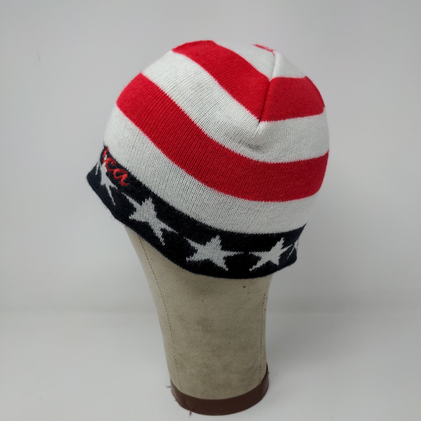 Patriotic Fly America Beanie Hat Red White Blue Stars Embroidered Spell Out