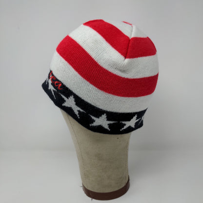 Patriotic Fly America Beanie Hat Red White Blue Stars Embroidered Spell Out