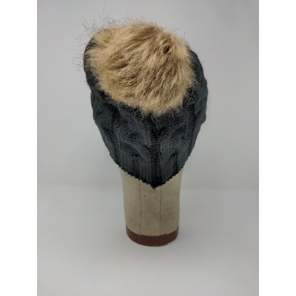 Hit Wear Herff Jones Cable Knit Beanie Hat Faux Fur Pom Pom Black
