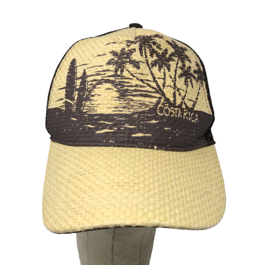 Costa Rica Men's Mesh Back Snapback Hat Brown Tan Straw Beach Graphic