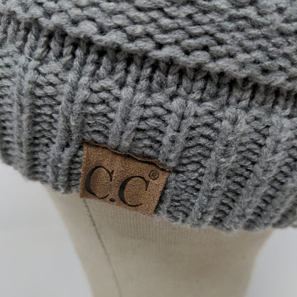 C.C. Exclusives Cable Knit Beanie Hat Gray Patch Logo 100% Acrylic