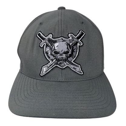 Yupoong Mens Strapback Hat Gray Adjustable Embroidered Pirate Skull Cross Swords