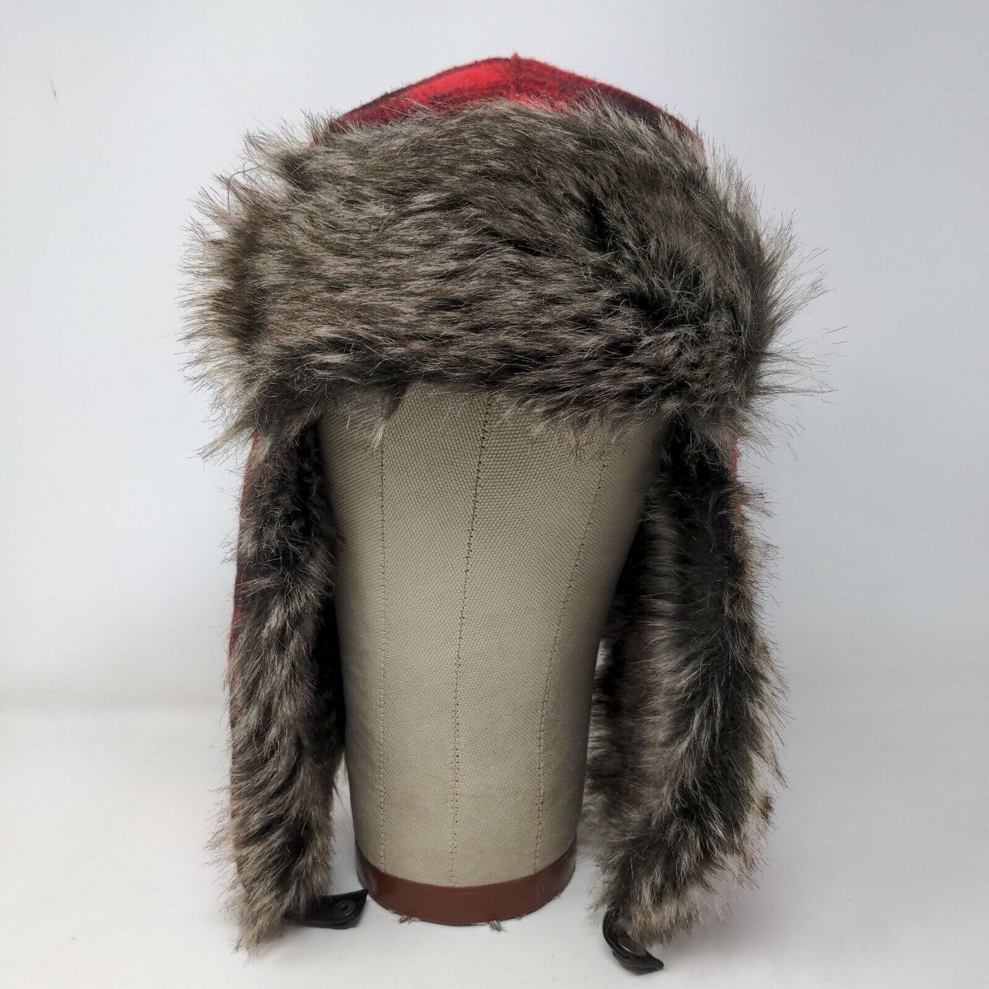 Goodfellow & Co Men's Trapper Hat Red Plaid One Size Vegan Fur Trim Ear Flaps