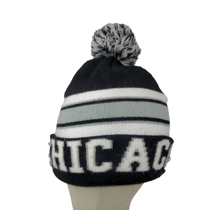 Chicago Spell Out Winter Knit Hat Pom Pom Cap Black and White