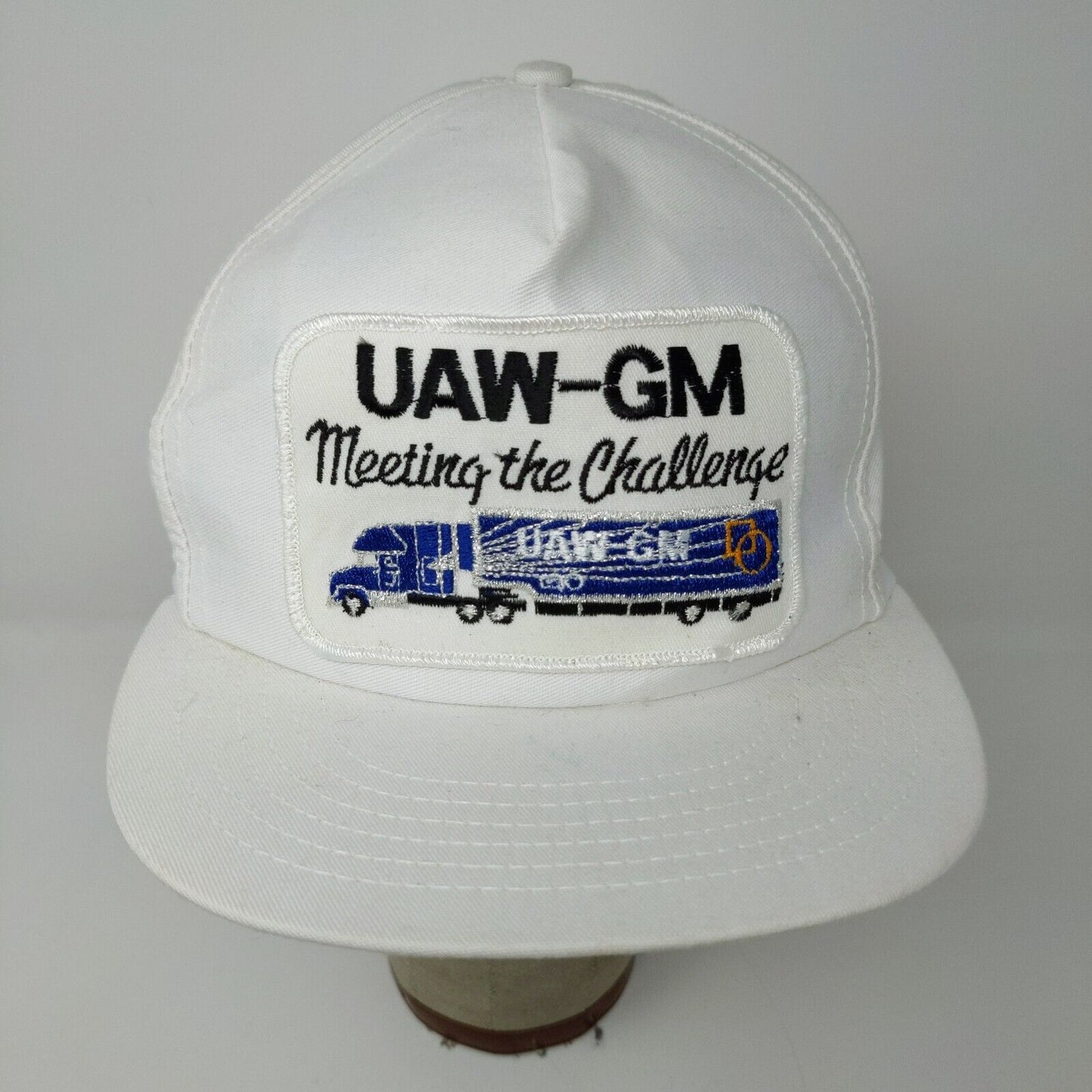 VINTAGE General Motors Hat White Strap Back Cap Trucker Patch Logo UAW GM 80s