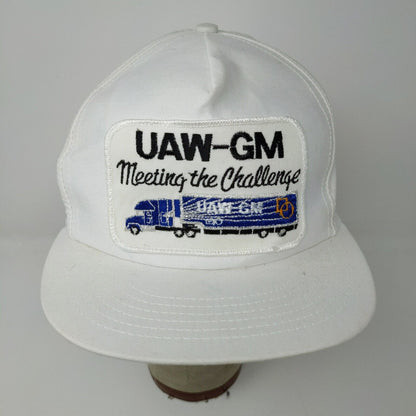 VINTAGE General Motors Hat White Strap Back Cap Trucker Patch Logo UAW GM 80s