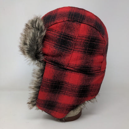 Goodfellow & Co Men's Trapper Hat Red Plaid One Size Vegan Fur Trim Ear Flaps