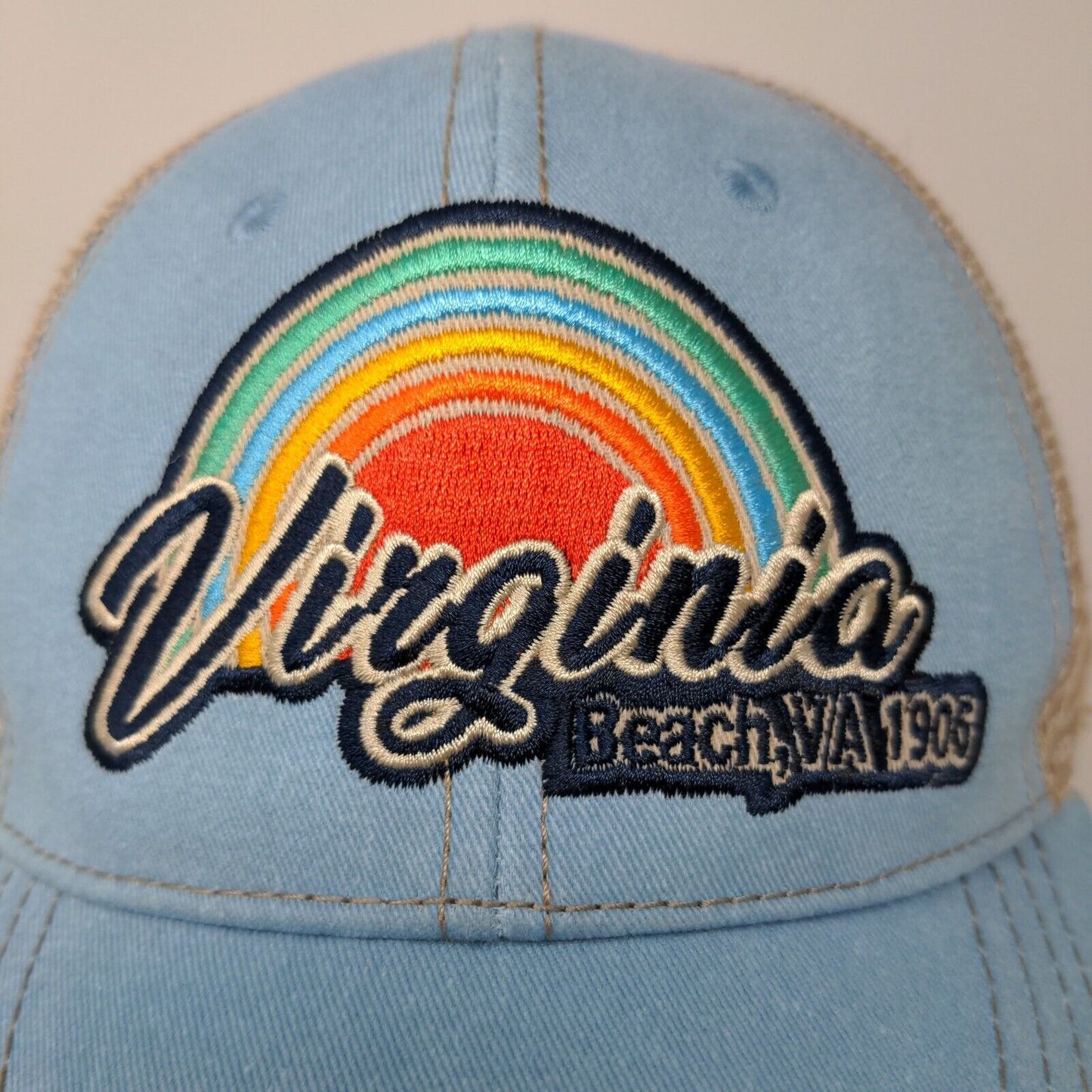 Virginia Beach 1906 Lucky 7 USA Meshback Snapback Blue Tan Hat Cap Embroidered