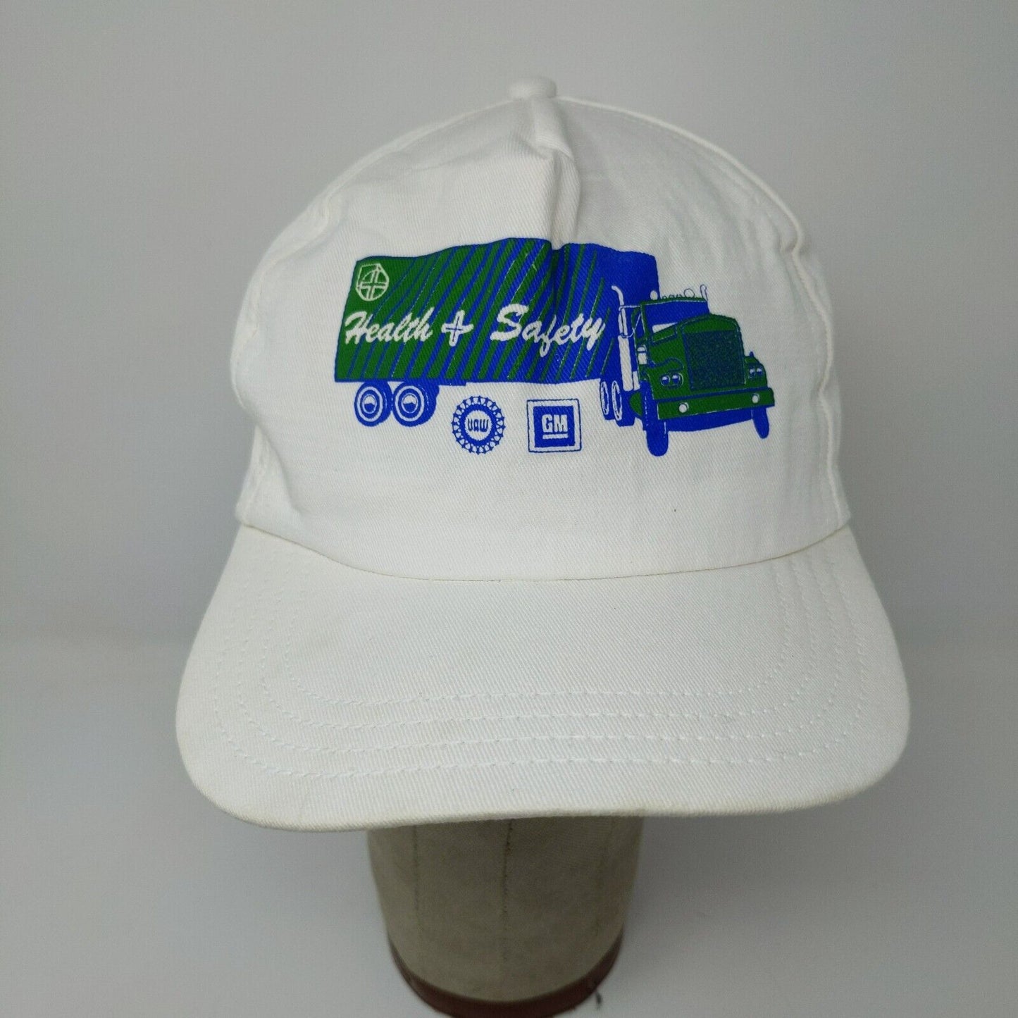 Vintage GM UAW Health & Safety Truck White Slideback Adjustable Hat Cap Men