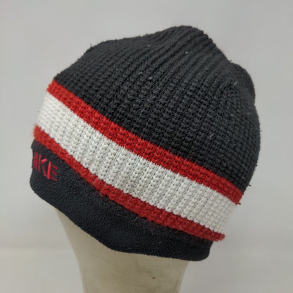 Nike Men's Fleece Knit Beanie Hat Black Striped Embroidered Logo