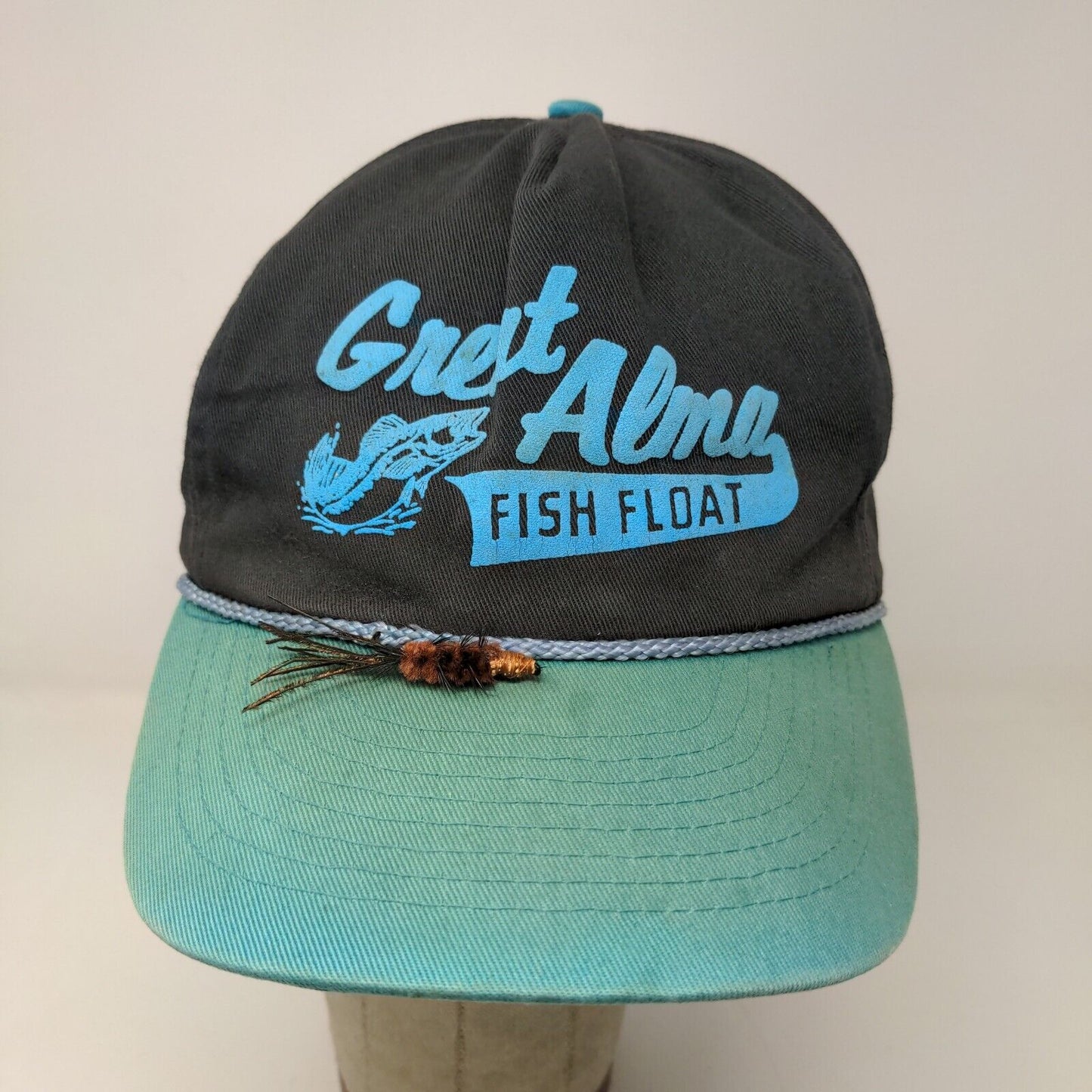 Great Alma Fish Float Snapback Hat Blue OSFA Graphic Spell Out Logo Distressed