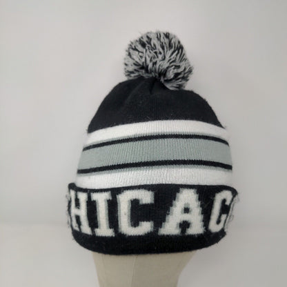 Chicago Spell Out Winter Knit Hat Pom Pom Cap Black and White