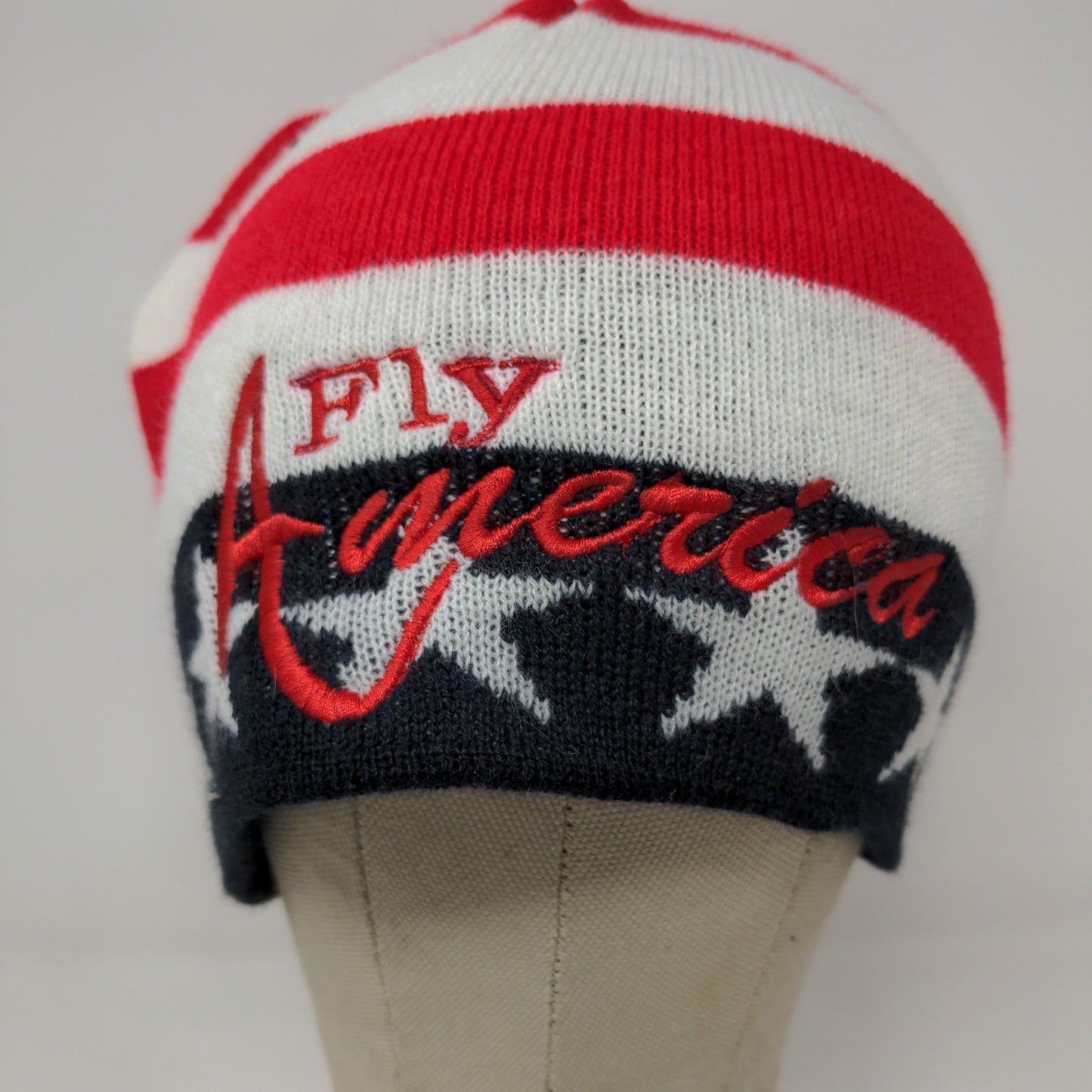 Patriotic Fly America Beanie Hat Red White Blue Stars Embroidered Spell Out
