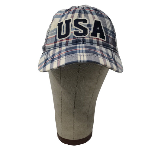 USA Patriotic Blue White Plaid Hat Strapback Cap Embroidered Spell Out