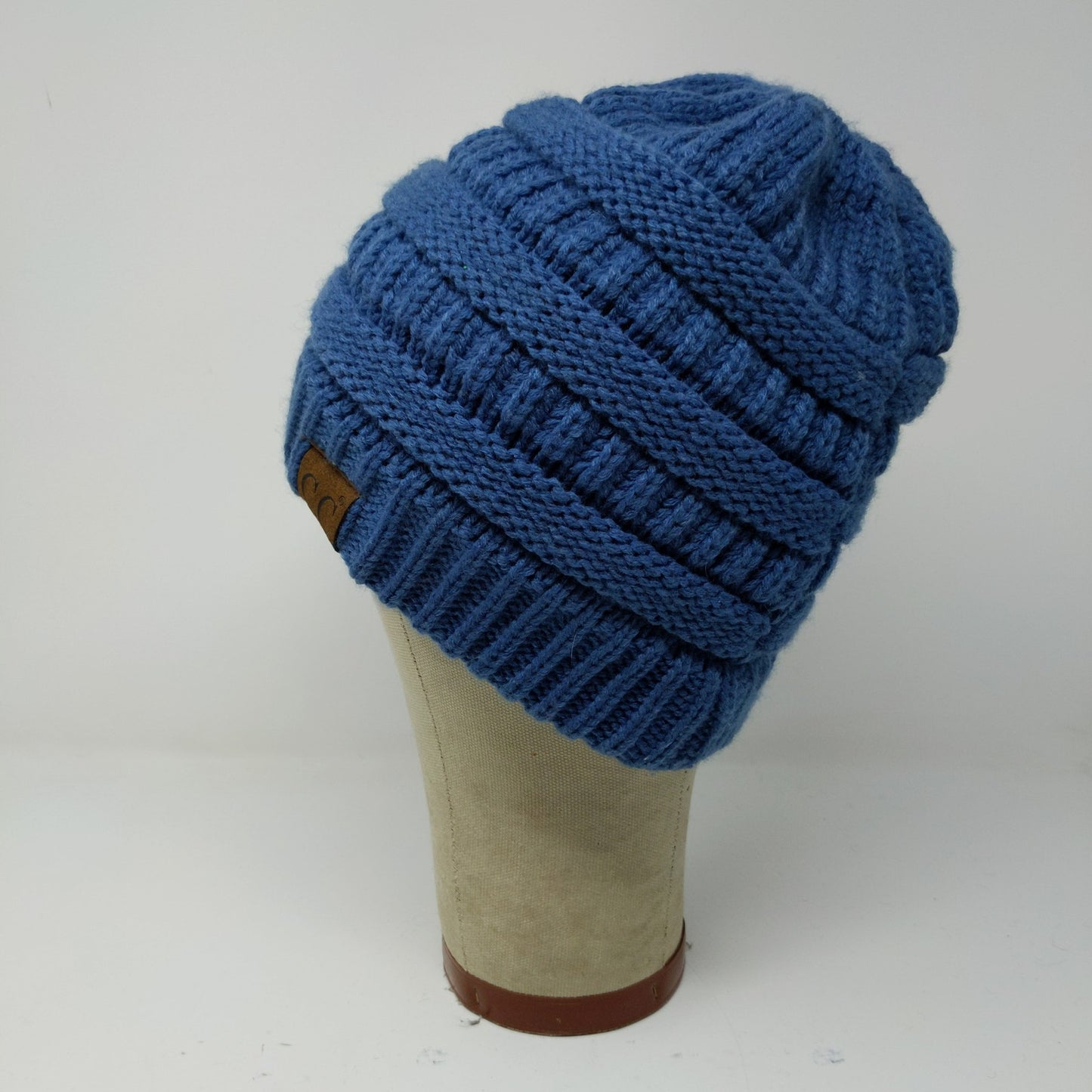C.C. Exclusives Cable Knit Beanie Hat Blue Patch Logo 100% Acrylic