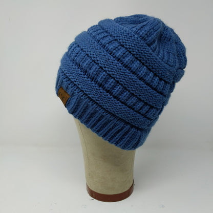 C.C. Exclusives Cable Knit Beanie Hat Blue Patch Logo 100% Acrylic
