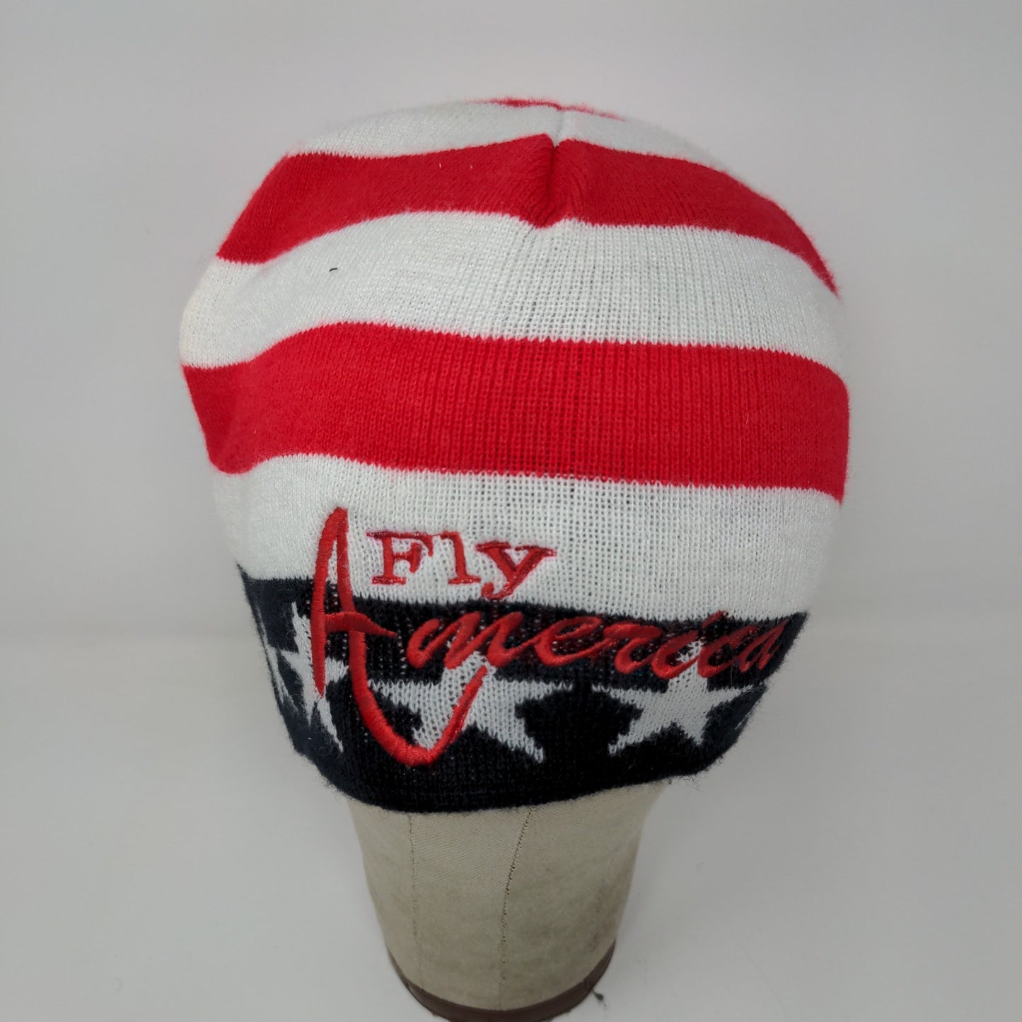 Patriotic Fly America Beanie Hat Red White Blue Stars Embroidered Spell Out
