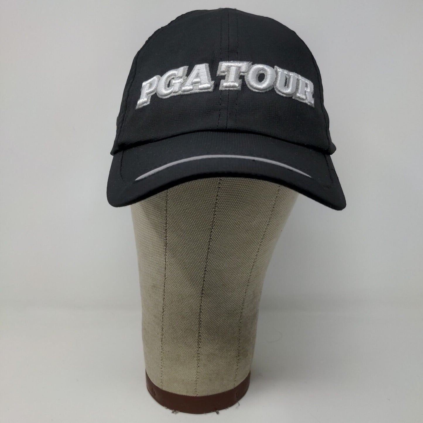 PGA Tour Strapback Hat Black OSFM Spell Out Embroidered Logo Polyester