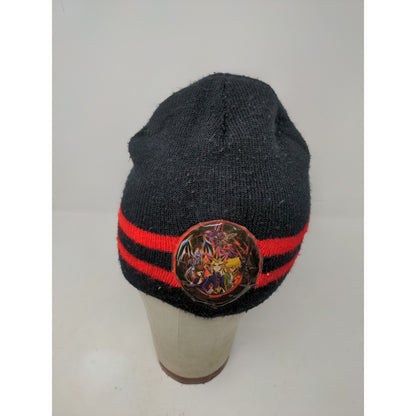 Vintage 1996 90's Youth Boys Yu-Gi-Oh! Beanie Hat OSFA Black & Red Patch Graphic