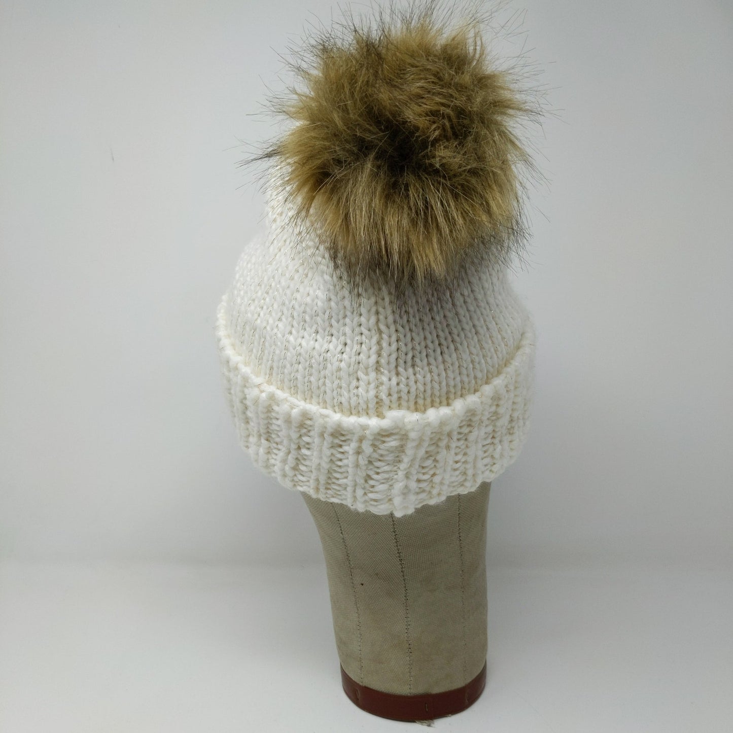 Lauren Conrad Knit Beanie Hat White Cream Faux Fur Pom Pom W/ Pin