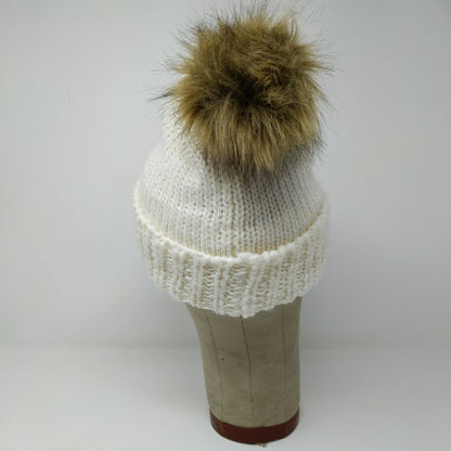 Lauren Conrad Knit Beanie Hat White Cream Faux Fur Pom Pom W/ Pin