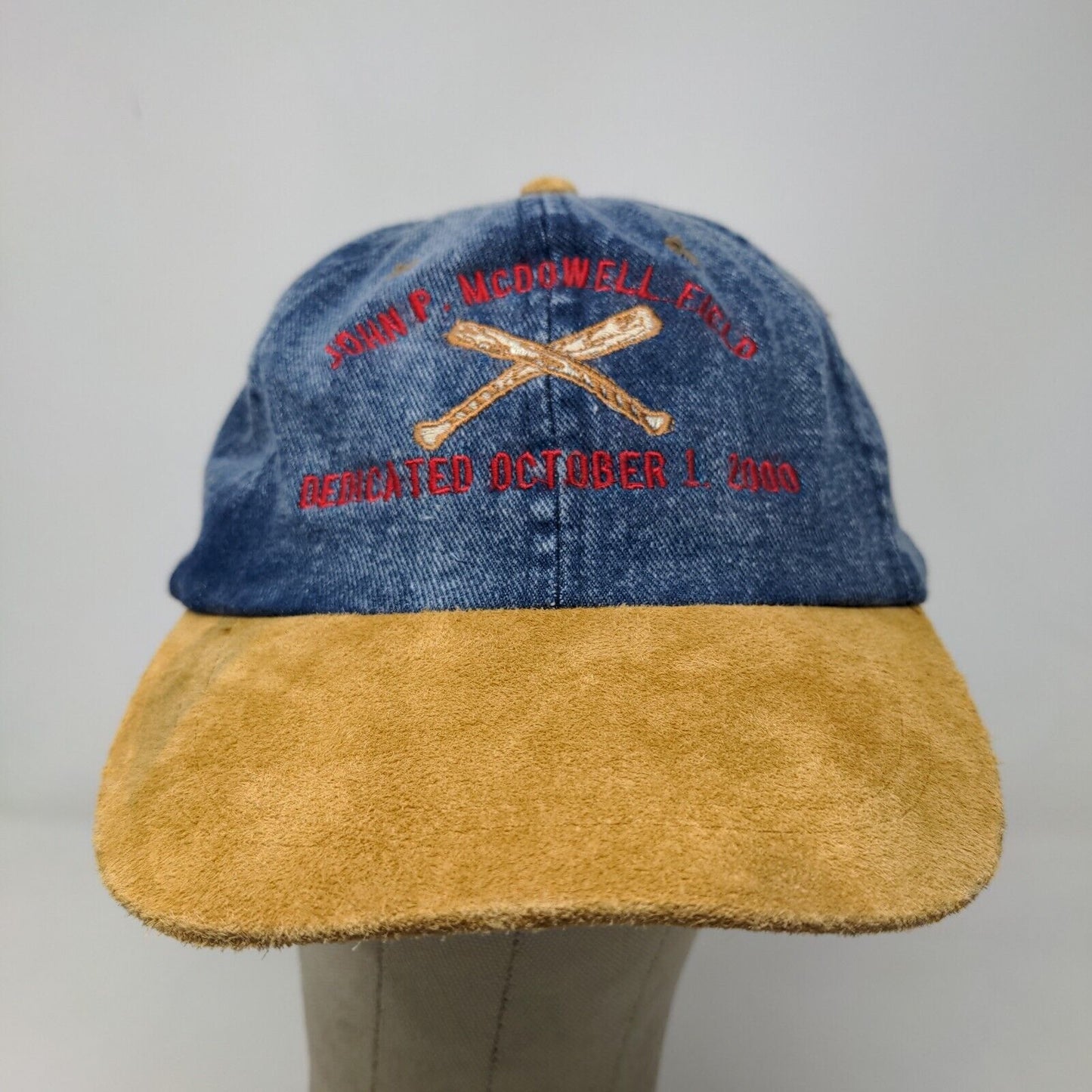 Nissin Men's John P. McDowell Field Dedication Hat Blue Tan Vintage 2000 Y2K