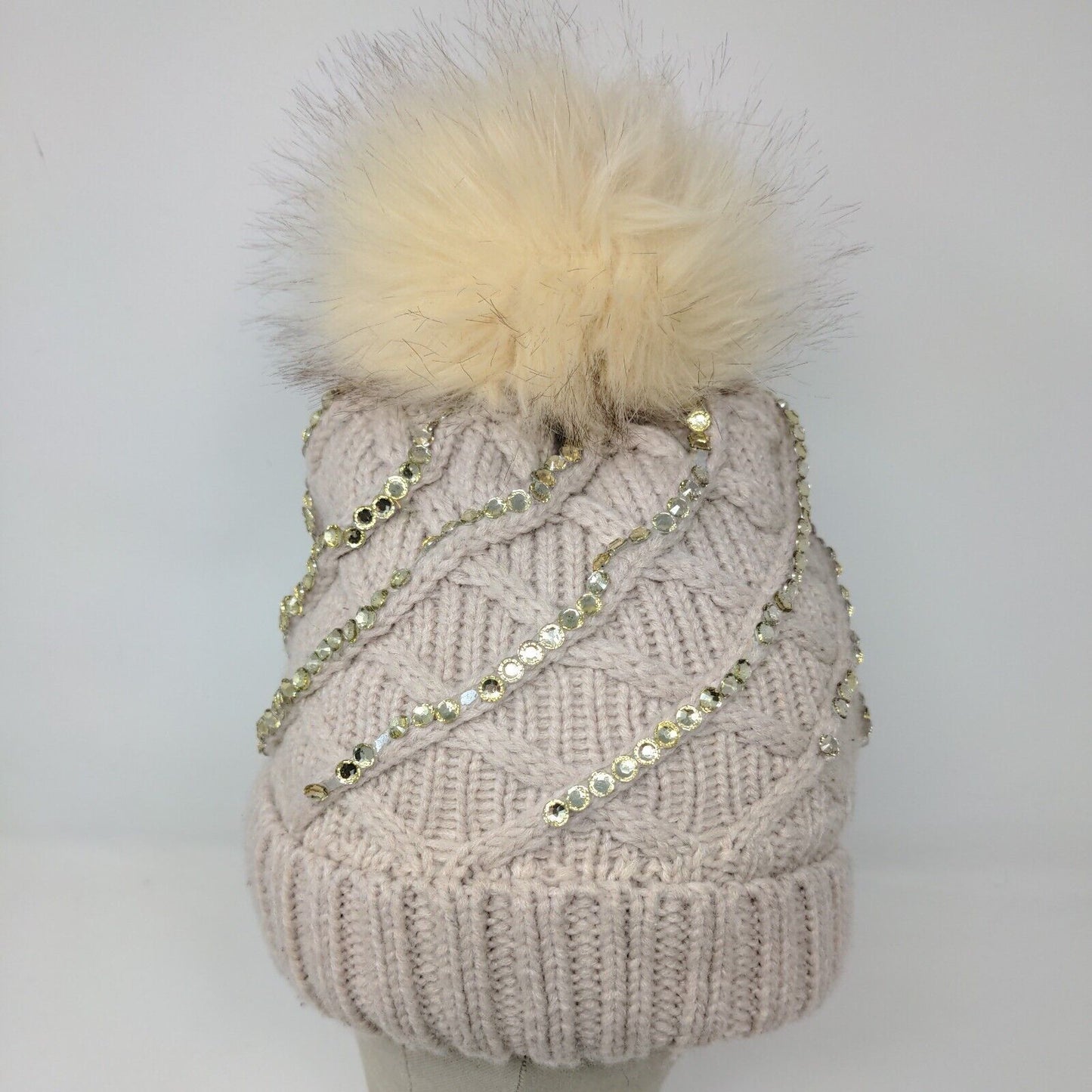 Knit Winter Crystal Bling Studded Pom Pom Cable Knit Beanie Faux Fur Lining Hat