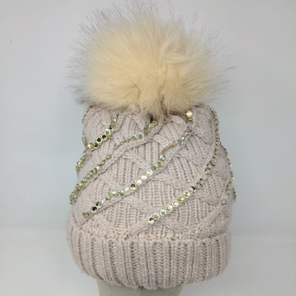 Knit Winter Crystal Bling Studded Pom Pom Cable Knit Beanie Faux Fur Lining Hat