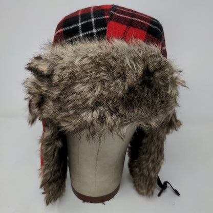 Unbranded Men's Trapper Hat Red Plaid Quilted Lined Vegan Fur Ear Flaps