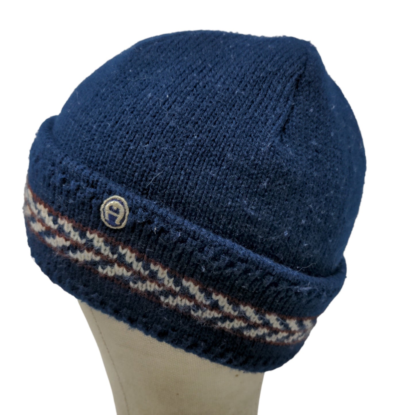 Etienne Aigner Women's Knit Beanie Hat Blue Embroidered Logo Stripe Accent