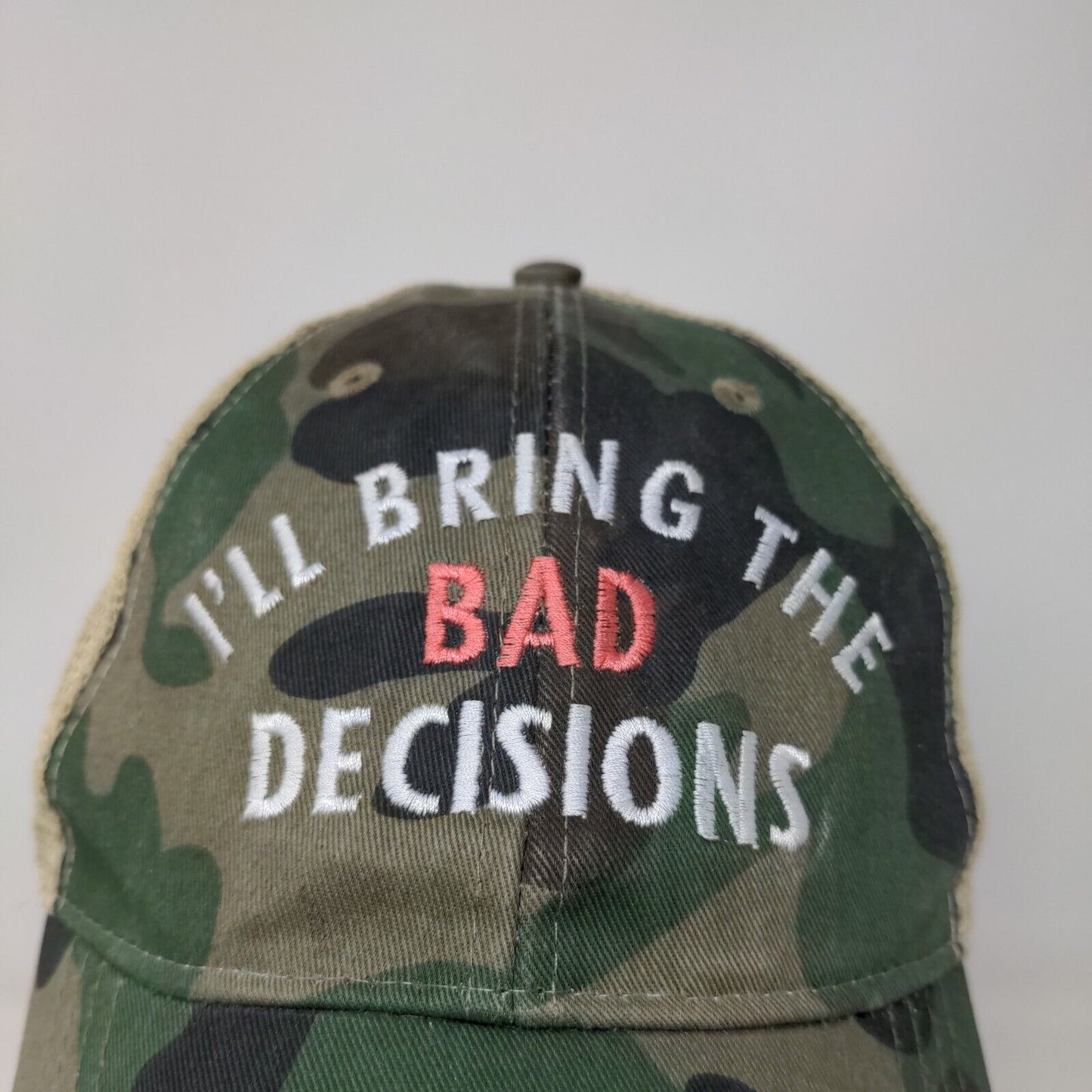 Adams Mens I'll Bring the Bad Decisions Meshback Snapback Green Camo Hat Cap