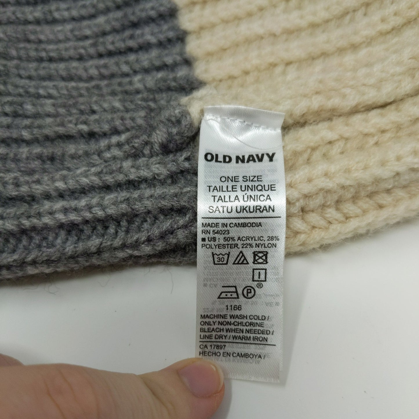 Old Navy Toboggan Beanie Hat Gray Cream White Striped OSFA Acrylic Blend