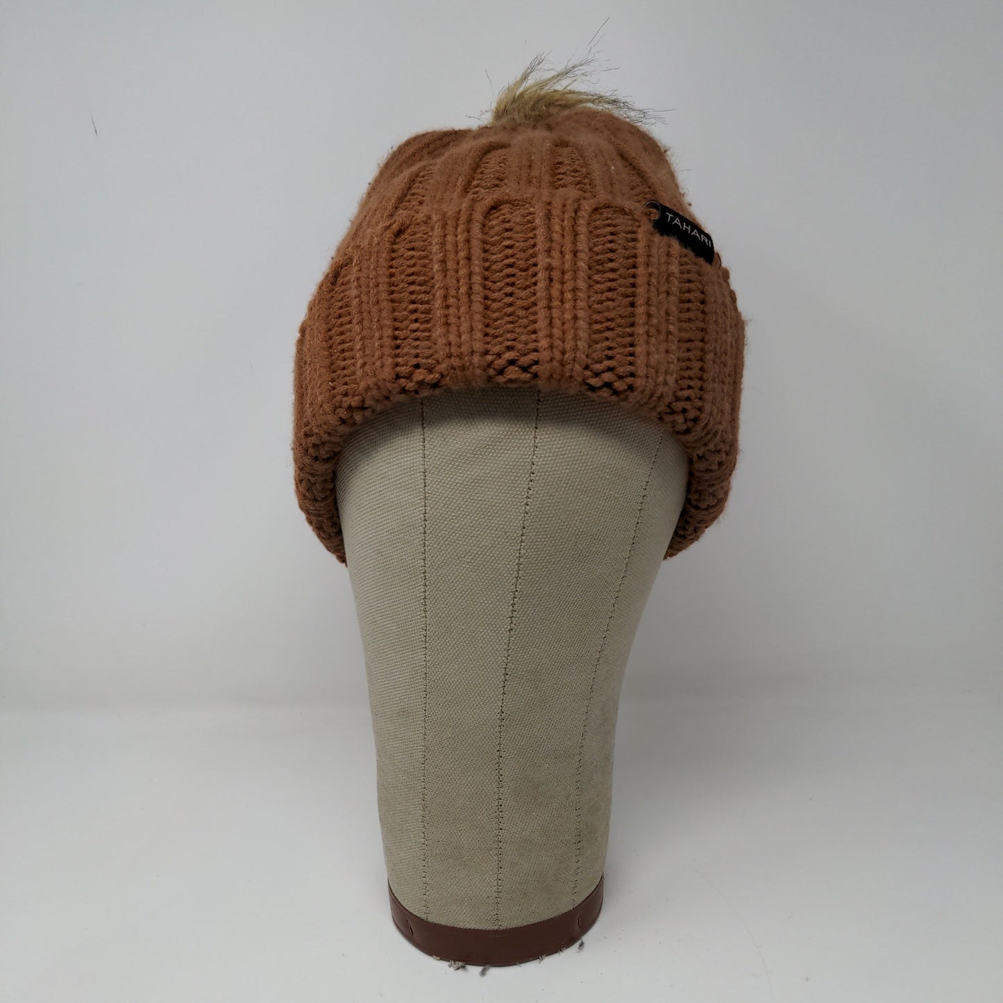 Tahari Knit Beanie Hat Pom Pom Patch Logo Brown Warm One Size