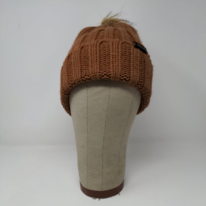 Tahari Knit Beanie Hat Pom Pom Patch Logo Brown Warm One Size