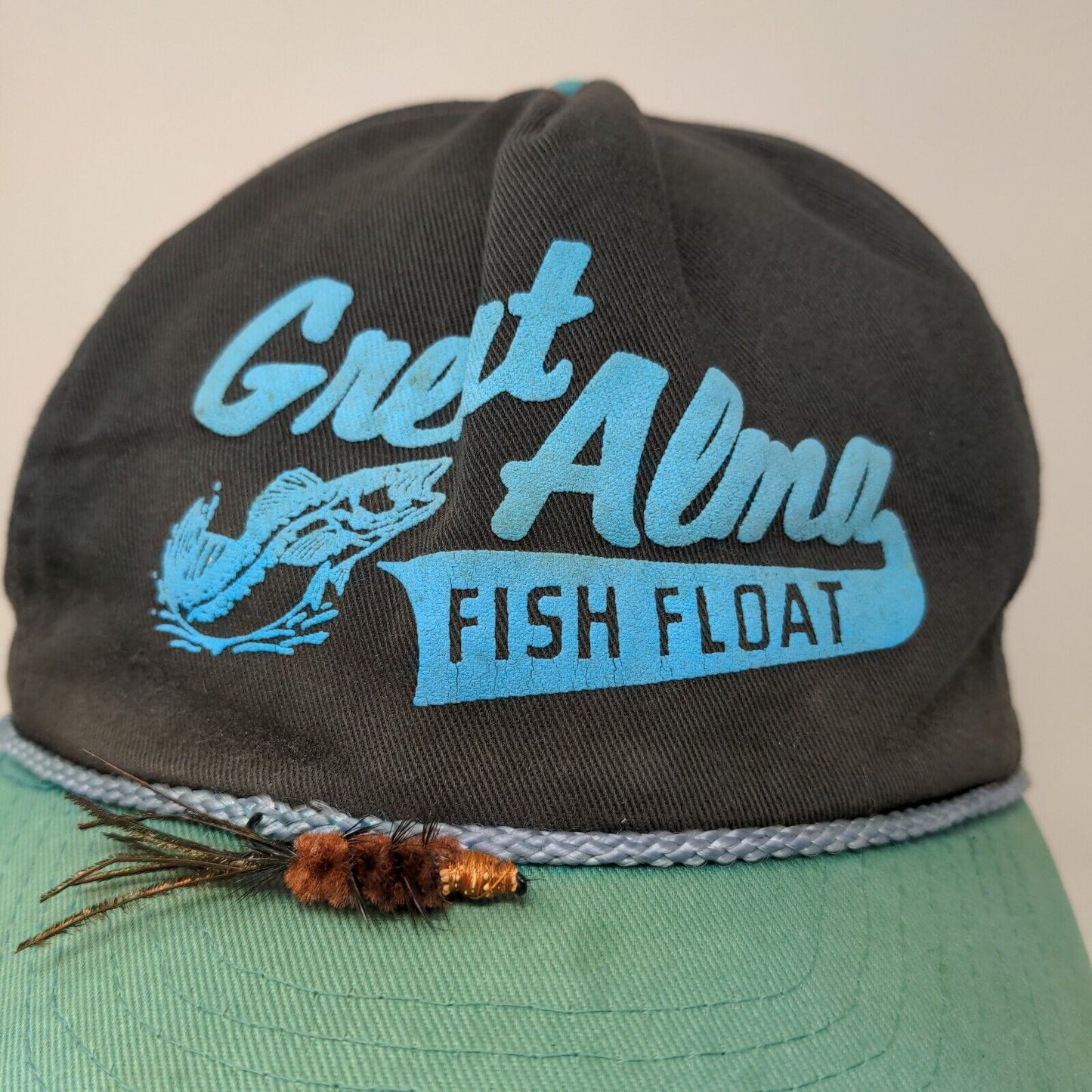 Great Alma Fish Float Snapback Hat Blue OSFA Graphic Spell Out Logo Distressed